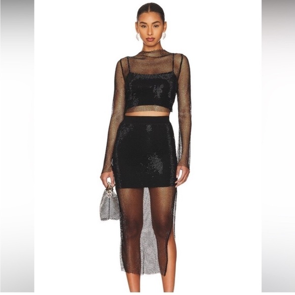 NICHOLAS Dayana Crystal Fishnet Midi Skirt in Black - Picture 1 of 9